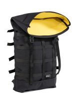 Seen from the front, the stylish Braasi Webbing backpack in black with an adjustable external net and yellow inner lining.