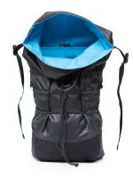 The black Mika Braasi backpack showing its blue inner lining and practical inside pockets