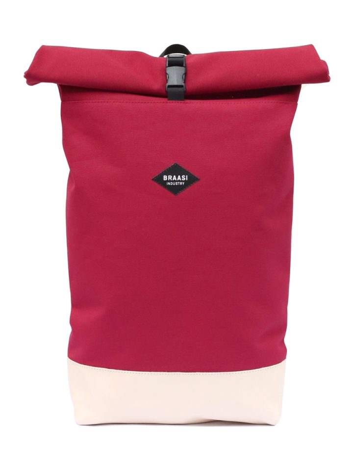 The maroon Rolltop Canvas Braasi backpack with a white leather bottom