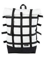 Here seen in white, the Braasi Webbing is a designer backpack with an adjustable external net and spacious main compartment.