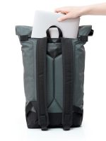 Grey durable Braasi backpack with a laptop sliding in the top pocket