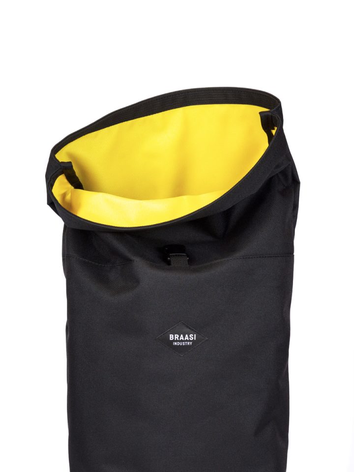 Braasi Basic Black urban rolltop is waterproof and durable with practical bright yellow inner lining.