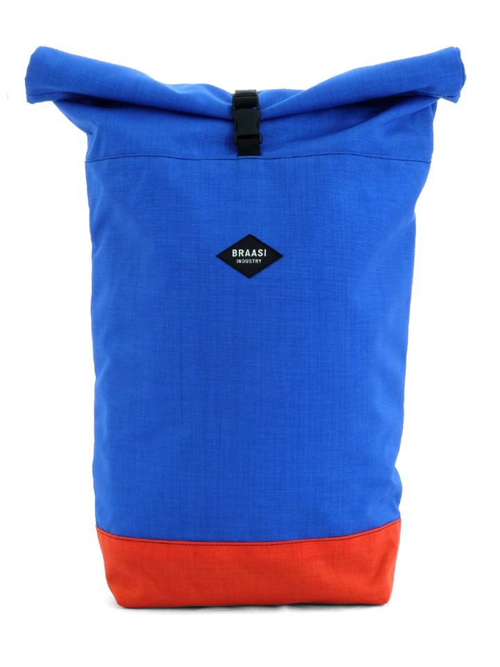 The blue and orange Rolltop Braasi backpack made from Cordura