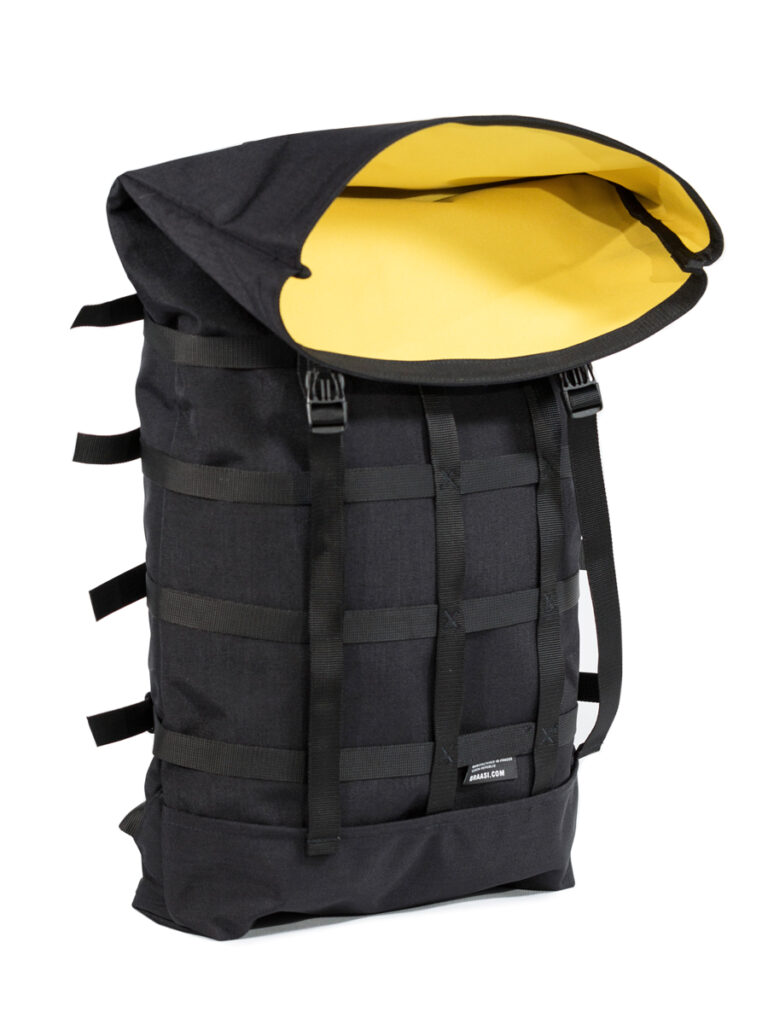 Braasi Webbing water resistant backpack in black color with black webbing and yellow lining