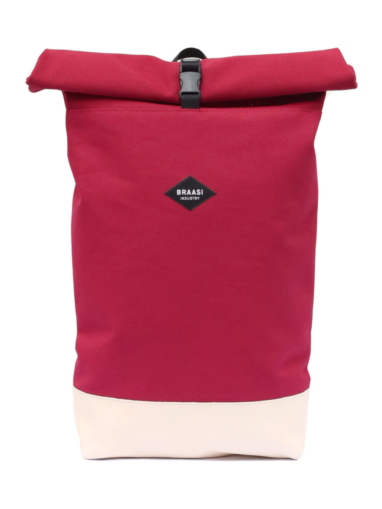 The maroon Rolltop Canvas Braasi backpack with a white leather bottom