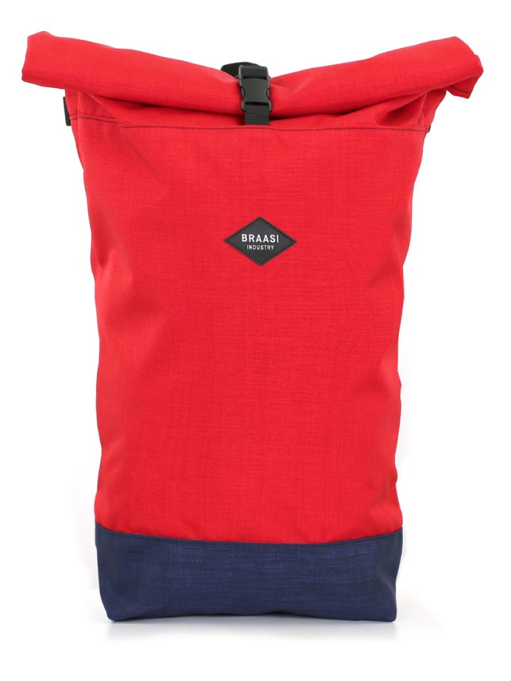 The red and navy blue Rolltop Cordura Braasi backpack great for carrying your laptop