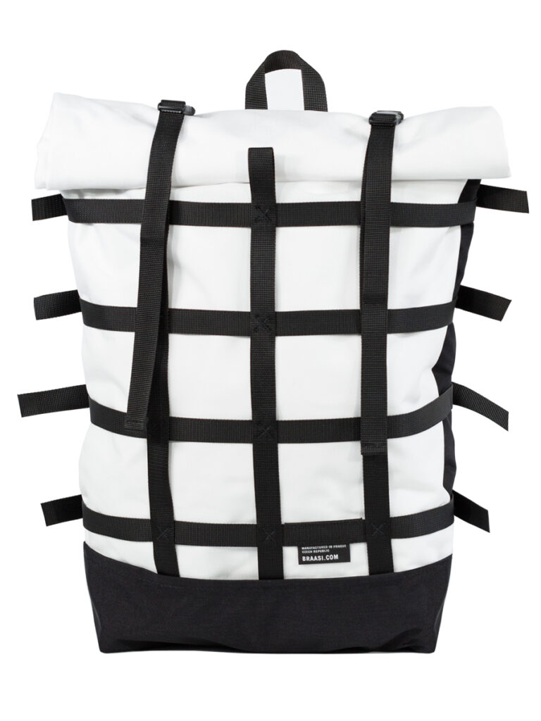 Braasi Webbing water resistant backpack in white color with black webbing